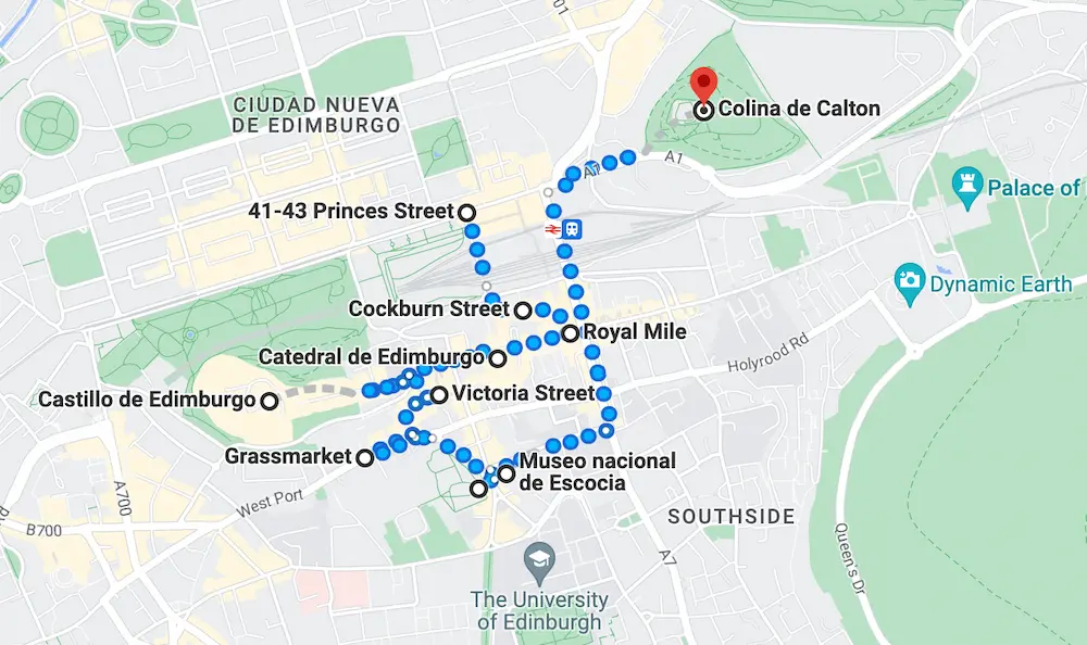 Mapa de la ciudad de Edimburgo con un itinerario de qué ver en Edimburgo en 2 días, muestra la ruta para seguir el primer día en Google Maps