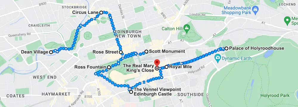 Mapa de Google Maps con una ruta con paradas por algunos de los sitios más famosos de Edimburgo