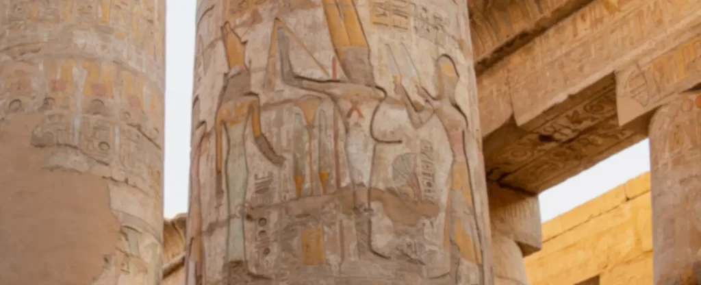 Columnas del templo de Karnak en Egipto con pinturas talladas de colores