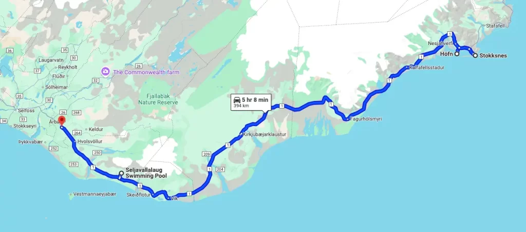 mapa-ruta-7-dias-sur-islandia-dia-6 Ruta en Google Maps del día 6 por el sur de Islandia