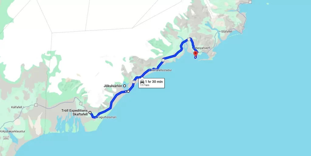 ruta-7-dias-sur-islandia-dia-5 Imagen de google maps con una ruta por el sur de Islandia, en especial el día 5