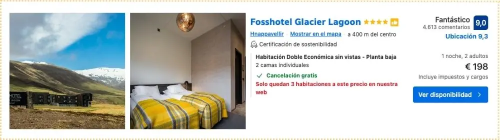 Hotel en Islandia en la zona de Jokulsarlon